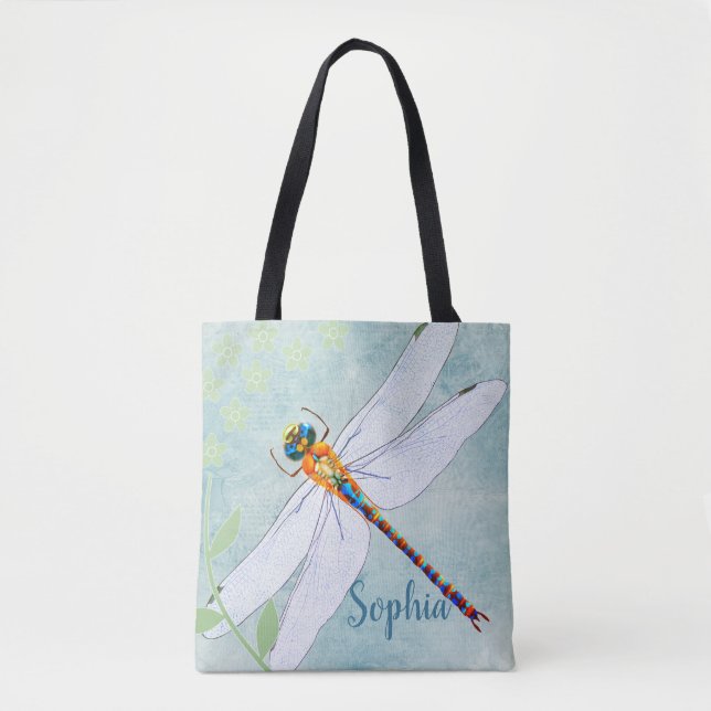 Vintage Libelle im Hintergrund verblasster Blumen Tasche (Vorderseite)