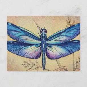 Vintage Libelle Nr. 6 und Grass Wasserfarbe Kunst Postkarte