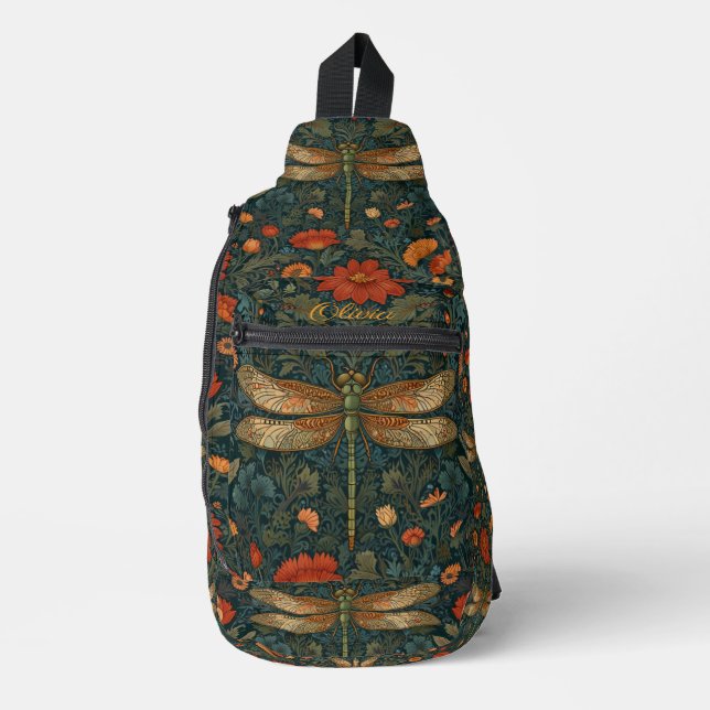 Vintage Libelle Orangenblumengrün boho chic Crossbody Bag (Vorderseite)