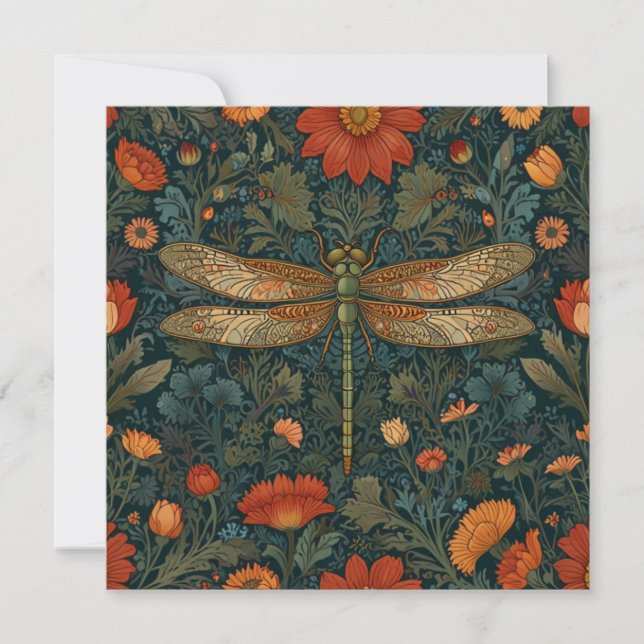 Vintage Libelle Orangenblumengrün boho chic Einladung (Vorderseite)