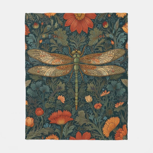 Vintage Libelle Orangenblumengrün boho chic Fleecedecke (Vorderseite)