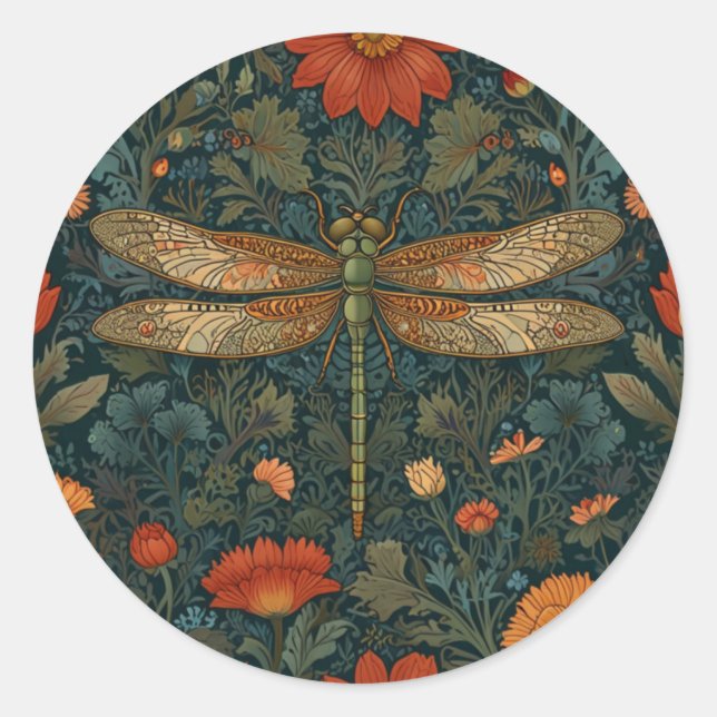Vintage Libelle Orangenblumengrün boho chic Runder Aufkleber (Vorderseite)