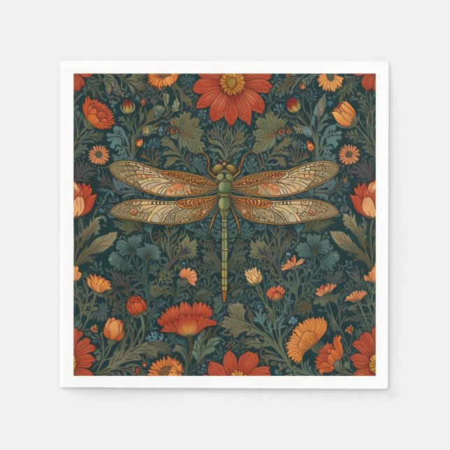 Vintage Libelle Orangenblumengrün boho chic Serviette (Vorderseite)