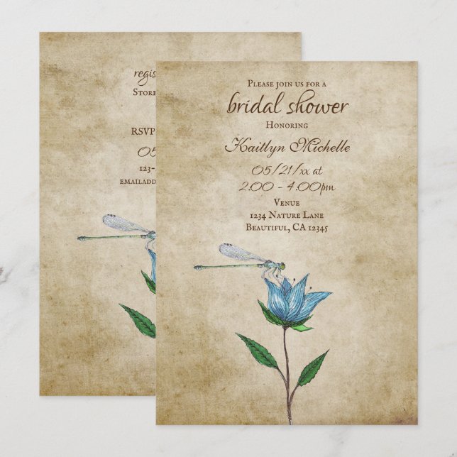 Vintage Libelle und Brautparty der blauen Blume Einladung (Vorne/Hinten)