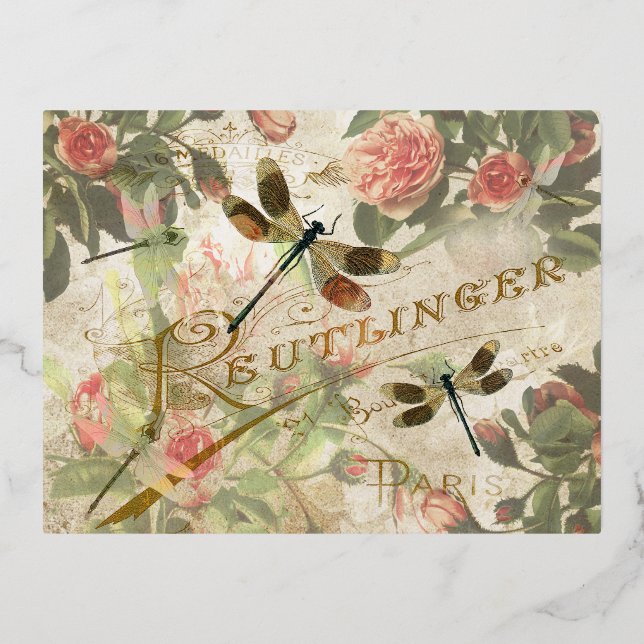 Vintage Libellen und Rose Folien Feiertagspostkarte (Vorderseite)