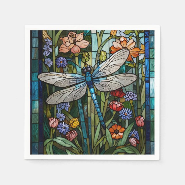 Vintage Libellenkunst Blumenbeißglas Serviette (Vorderseite)