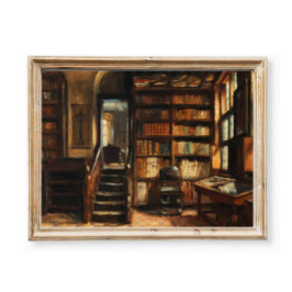 Vintage Library Oil Painting, Moody Interior Scene Poster
