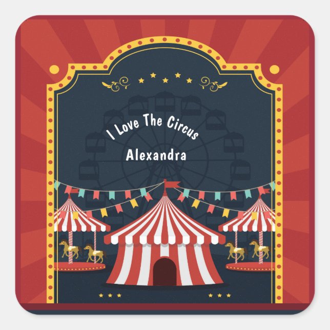 Vintage Liebe Circus Karneval Rotes Blau Quadratischer Aufkleber (Vorderseite)
