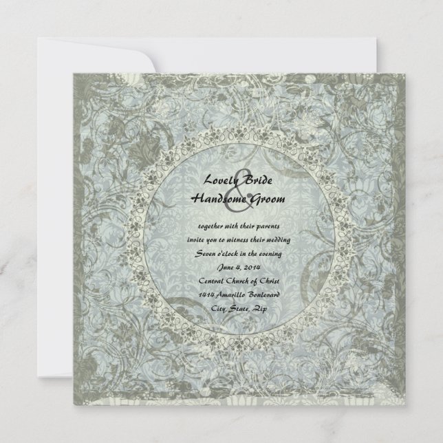 Vintage Liebe-Gedicht-blaues Grau-Damast-Hochzeit Einladung (Vorderseite)
