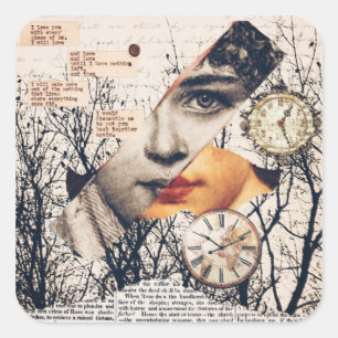 Vintage-Liebesgedicht-Collage Romantische Sepia- Quadratischer Aufkleber