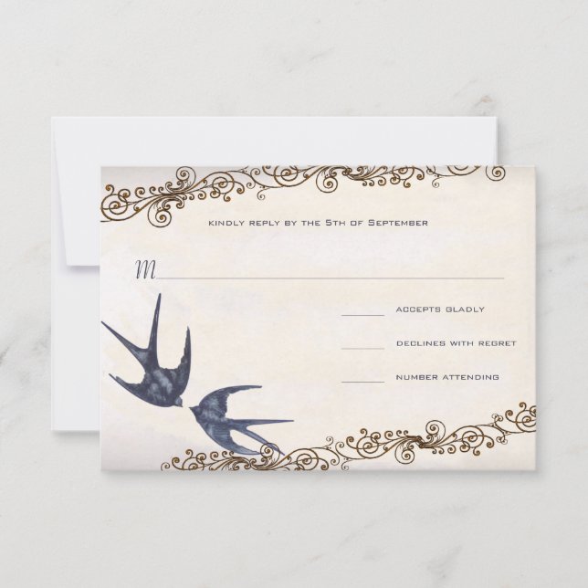Vintage Liebesvögel Hochzeit RSVP (Vorderseite)