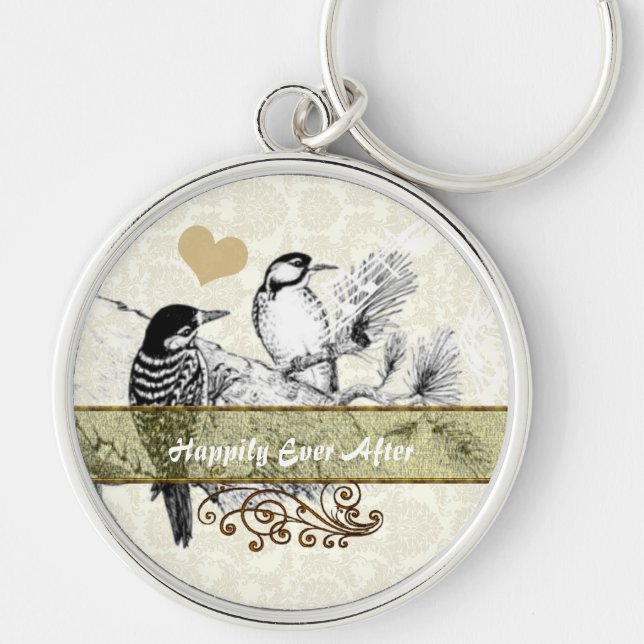 Vintage Liebesvögel Hochzeitseinladung Schlüsselanhänger (Vorne)