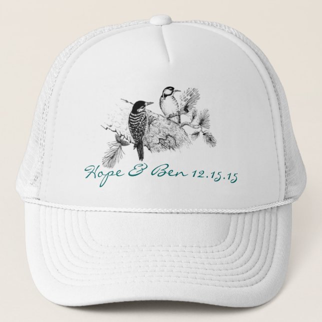 Vintage Liebesvögel Hochzeitseinladung Truckerkappe (Vorderseite)