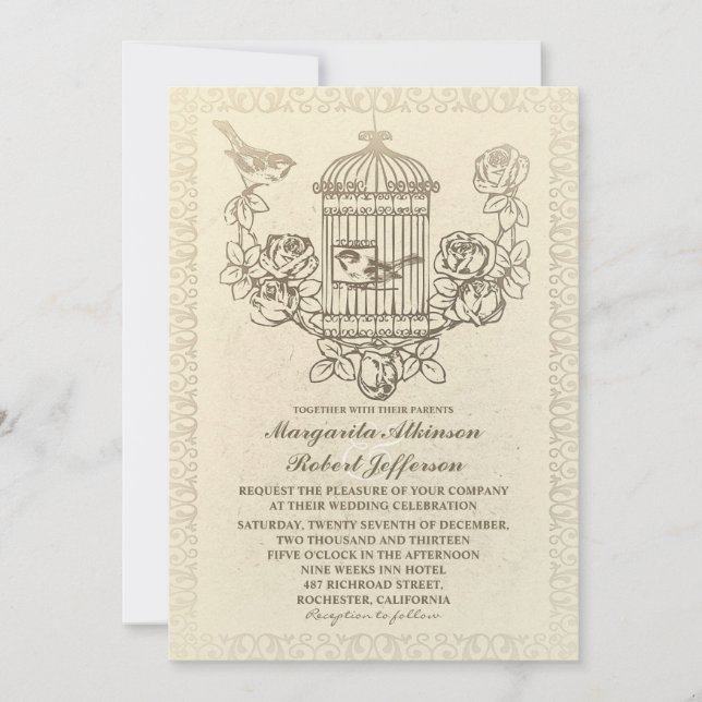 Vintage Liebesvögel Käfig Hochzeitseinladungen Einladung (Vorderseite)