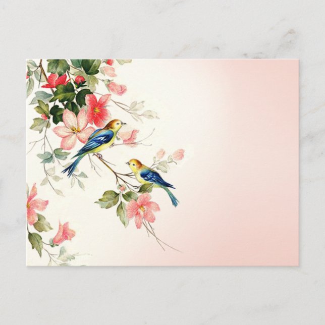 Vintage Liebesvögel | Rosa rot weiß Postkarte (Vorderseite)