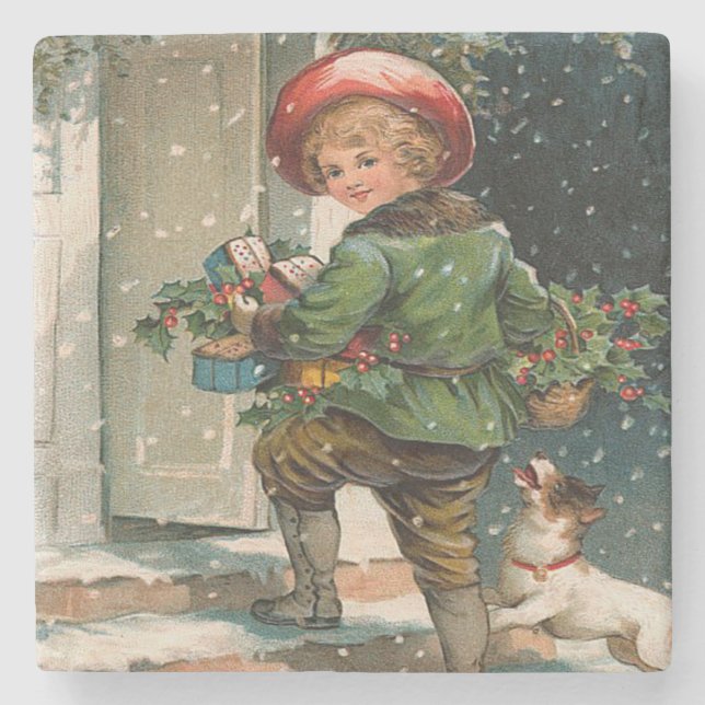 Vintage liefernde Weihnachtsgeschenke Steinuntersetzer (Vorderseite)