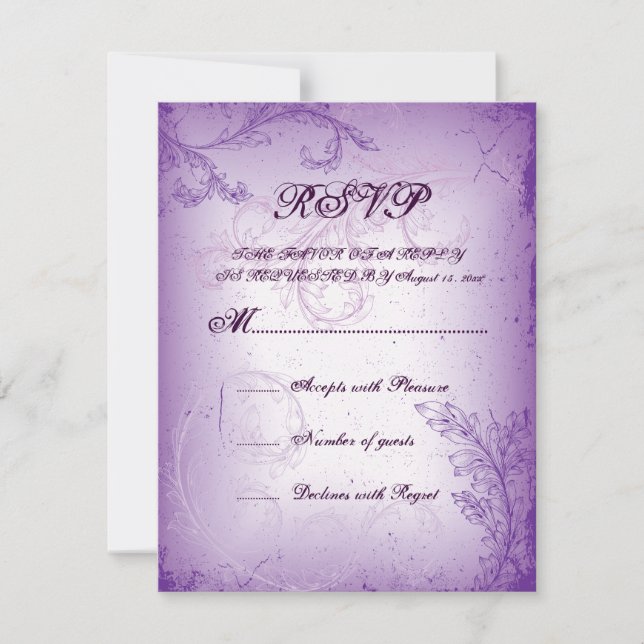 Vintage lila Blätterblatt-Hochzeitkarte RSVP (Vorderseite)