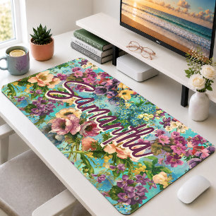 Vintage Lila Blaues Florales Monogramm-Muster Schreibtischunterlage