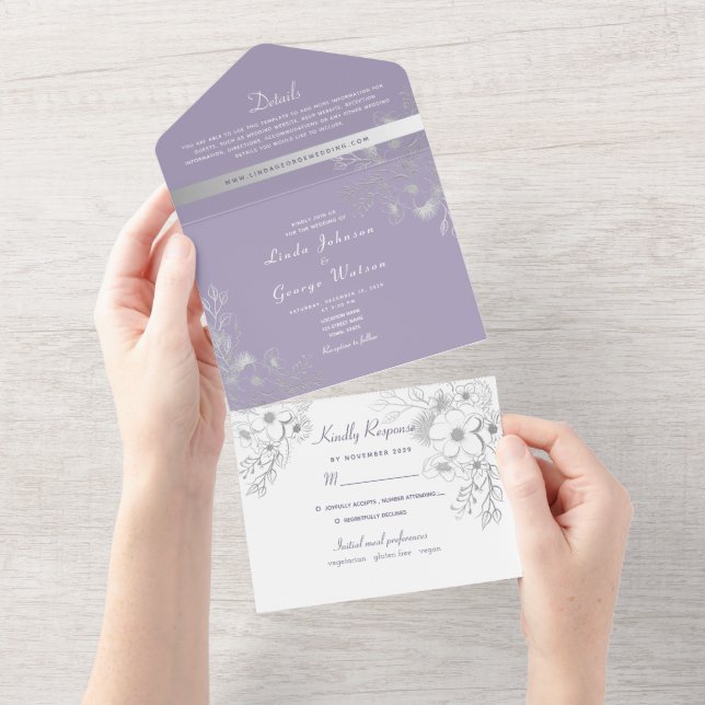 Vintage Lila Hochzeit All In One Einladung (Abreißen)