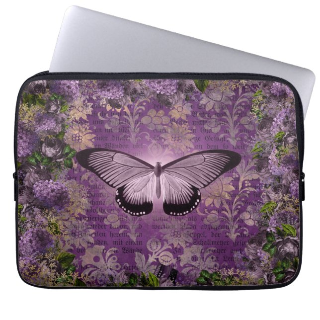 Vintage Lila Motte und florale Ephemera Laptopschutzhülle (Vorderseite)