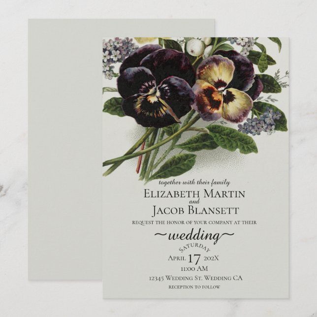 Vintage Lila Pansy Wedding Einladung (Vorne/Hinten)