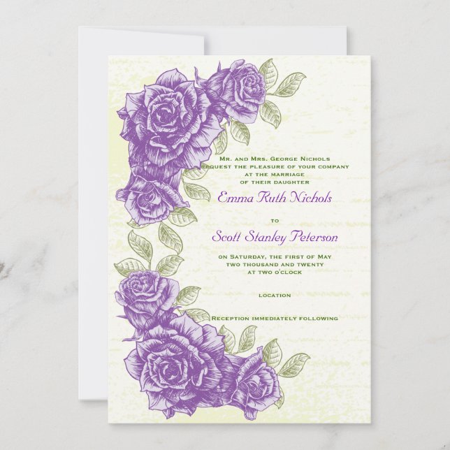Vintage lila Rose individuelle Hochzeitseinladung Einladung (Vorderseite)