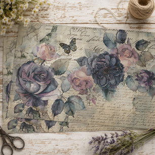Vintage Lila und rosa Rosen auf der alten Skriptde Seidenpapier
