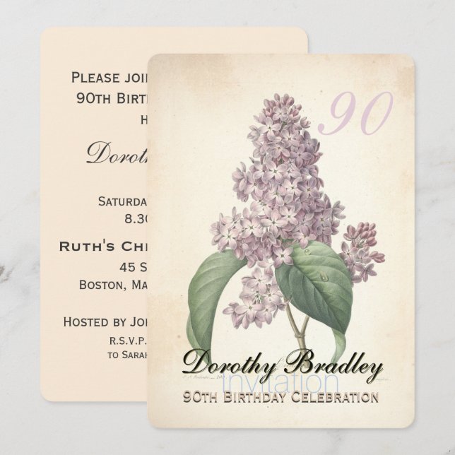 Vintage Lilac 90e anniversaire Invitation (Devant / Derrière)