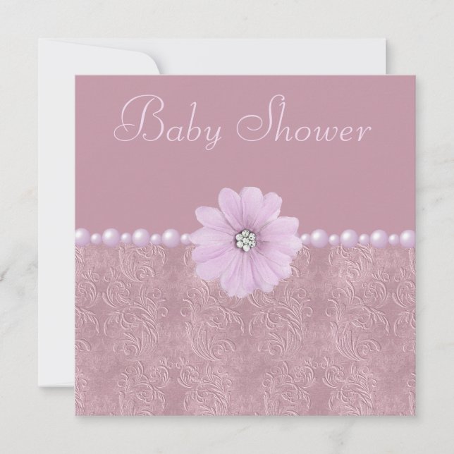 Vintage Lilac Baby Dusche Bling Blume & Perlen Einladung (Vorderseite)