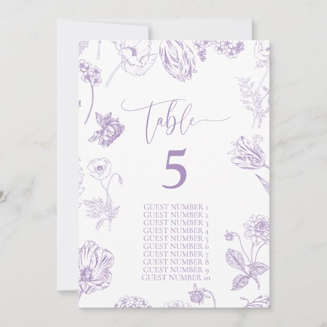 Vintage Lilac Floral Guest Names Tischnummer (Vorderseite)
