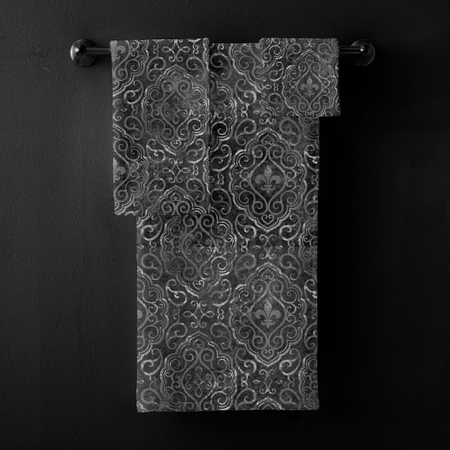 Vintage Lilie | Black Silver Grunge Damask Badhandtuch Set (Von Creator hochgeladen)