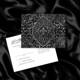 Vintage Lilie   Black Silver Grunge Damask Einladungspostkarte
