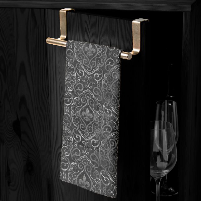 Vintage Lilie | Black Silver Grunge Damask Geschirrtuch (Von Creator hochgeladen)