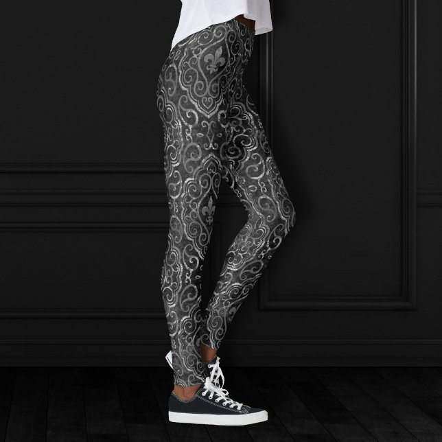 Vintage Lilie | Black Silver Grunge Damask Leggings (Von Creator hochgeladen)
