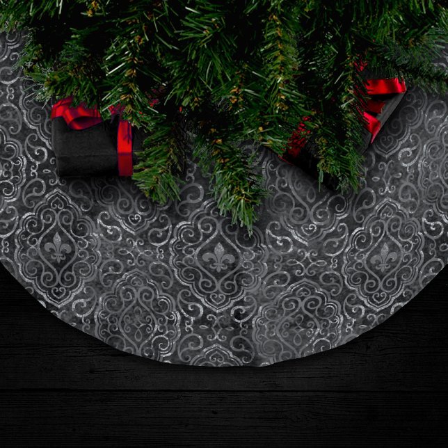 Vintage Lilie | Black Silver Grunge Damask Polyester Weihnachtsbaumdecke (Von Creator hochgeladen)