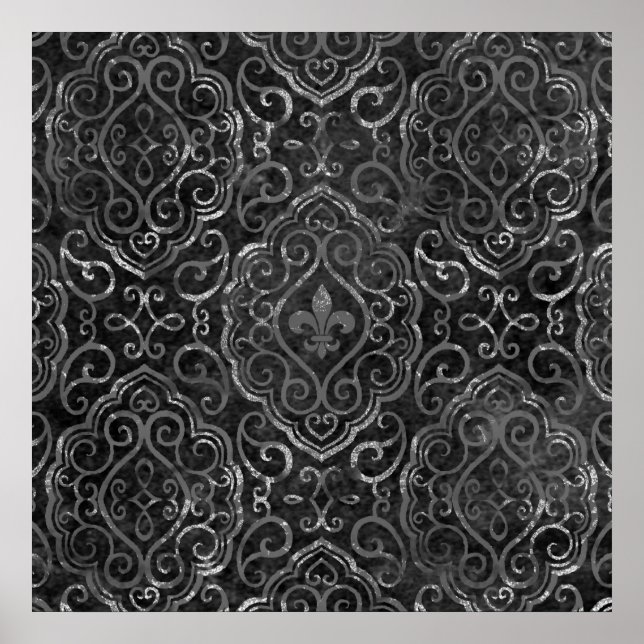 Vintage Lilie | Black Silver Grunge Damask Poster (Vorne)