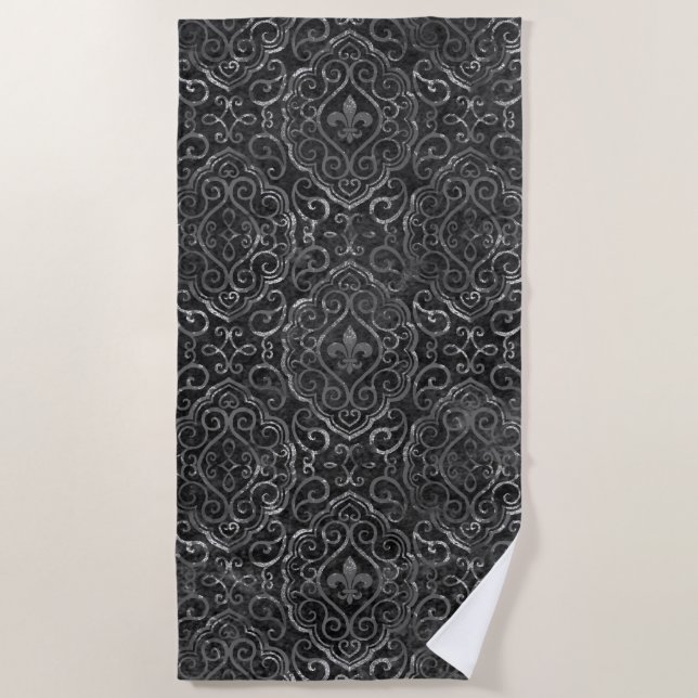 Vintage Lilie | Black Silver Grunge Damask Strandtuch (Vorderseite)