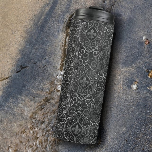 Vintage Lilie | Black Silver Grunge Damask Thermosbecher (Von Creator hochgeladen)