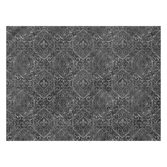 Vintage Lilie | Black Silver Grunge Damask Tischdecke (Vorderseite (Horizontal))