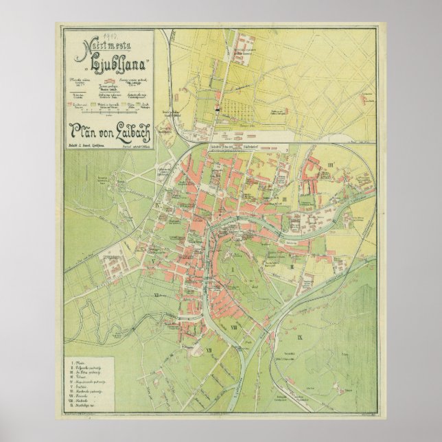 Vintage Ljubljana Slovenije Karte (1902) Poster (Vorne)
