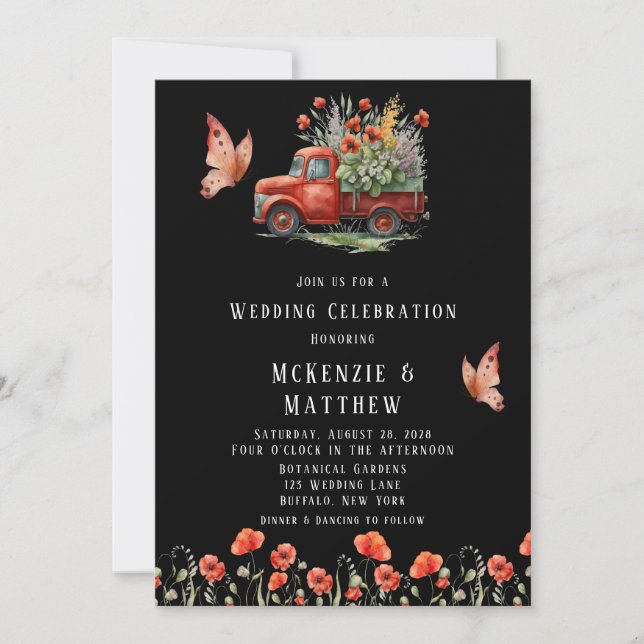 Vintage LKW-Rote Poppies Butterfly-Hochzeit Einladung (Vorderseite)