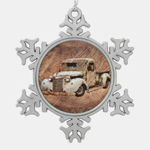 Vintage-LKW Rustikales Holz Schneeflocken Zinn-Ornament