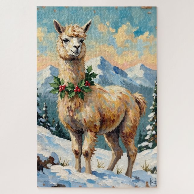 Vintage Llama in Snowy Christmas Meadow (Vertikal)