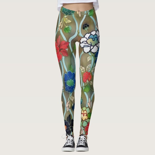 Vintage Lotus Blume Art Leggings (Vorderseite)