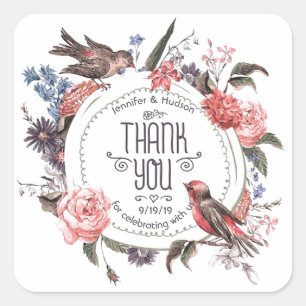 Vintage Love Bird Floral Danke Wedding Custom Quadratischer Aufkleber