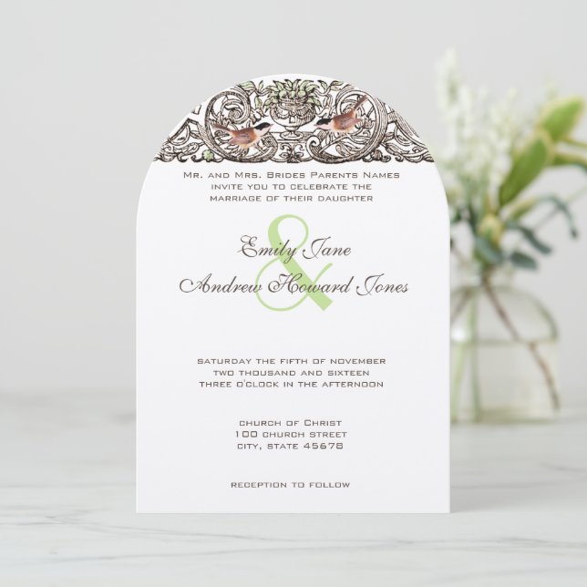 Vintage Love Bird Scroll Arbeit Einladung Hochzeit (Stehend Vorderseite)