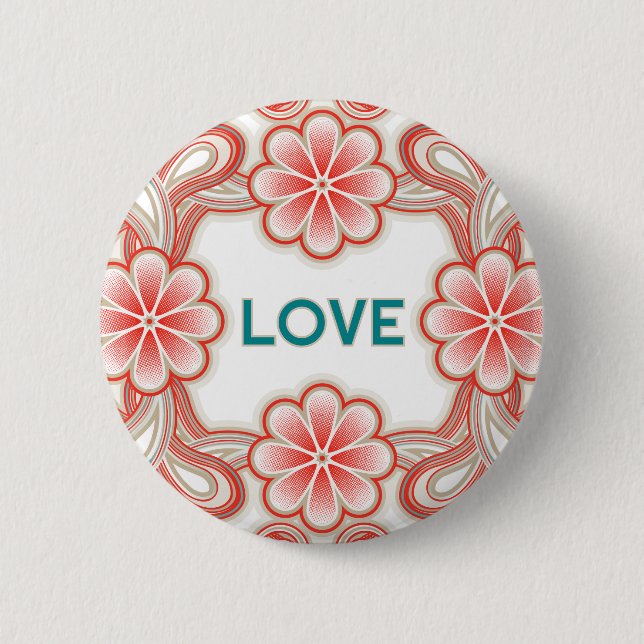 Vintage Love button with red flowers (Vorderseite)