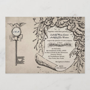 Vintage Love Key und Turteltauben Hochzeit #V0 Einladung