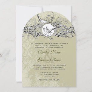 Vintage Lovebird Sage Green Musical Scroll Wedding Einladung