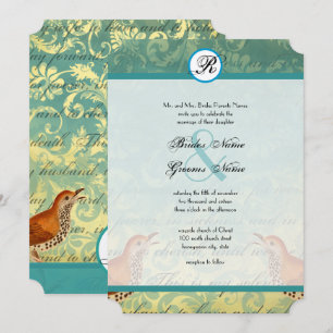 Vintage Lovebirds Lagoon Endive Wedding Einladung